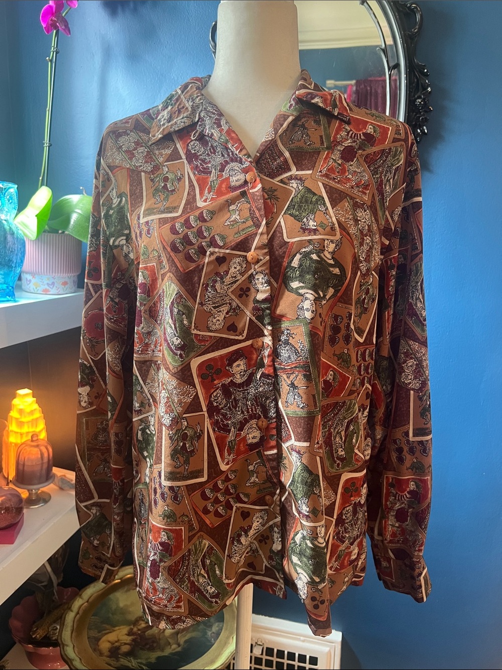 Vintage Italian Button Front Blouse in Rust Tarot Playing Card Print